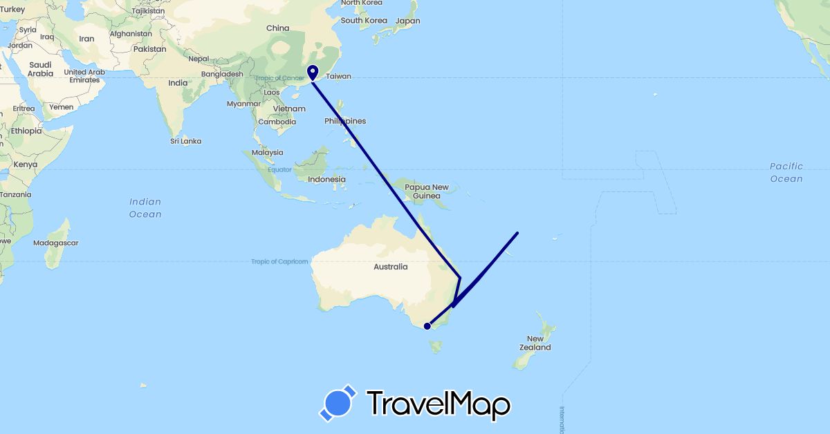 TravelMap itinerary: driving in Australia, China, France, Vanuatu (Asia, Europe, Oceania)